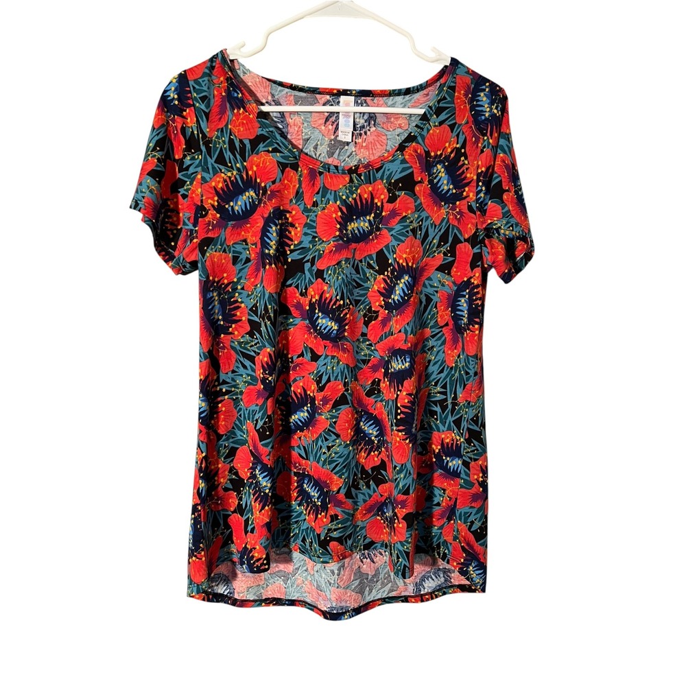 LulaRoe Womens Sz Small Classic T T-Shirt Navy Blue Hibiscus Floral Short Sleeve